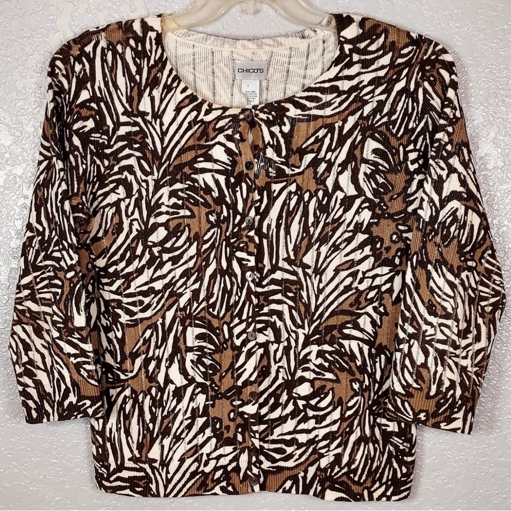 Chico's Cardigan Sweater Size 2 Brown Tan White 3/4 Sleeves Linen Cotton